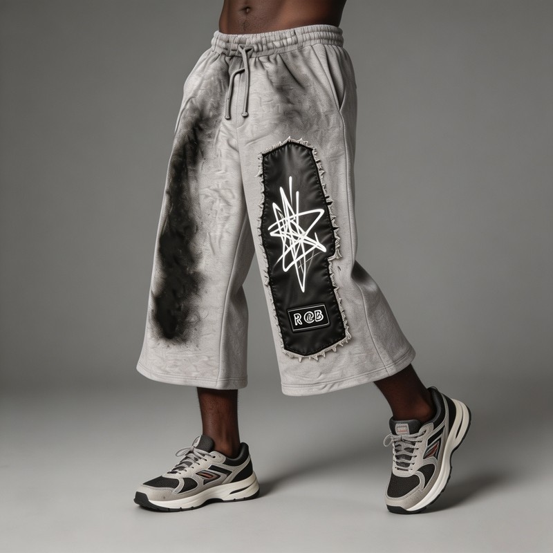 Leather Applique Embroidery Spray Dye Patchwork Flare Capri Pants
