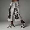 Leather Applique Embroidery Spray Dye Patchwork Flare Capri Pants | French Terry Drawstring Elastic Waist | Custom Streetwear
