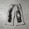 Leather Applique Embroidery Spray Dye Patchwork Flare Capri Pants | French Terry Drawstring Elastic Waist | Custom Streetwear