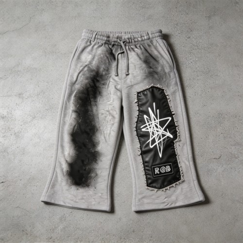 Leather Applique Embroidery Spray Dye Patchwork Flare Capri Pants | French Terry Drawstring Elastic Waist | Custom Streetwear