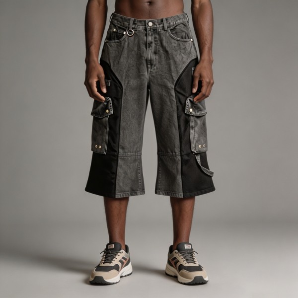 Acid Washed Flare Cargo Capri Pants | Multi Pocket Hardware Details | Clothing Manufacturer