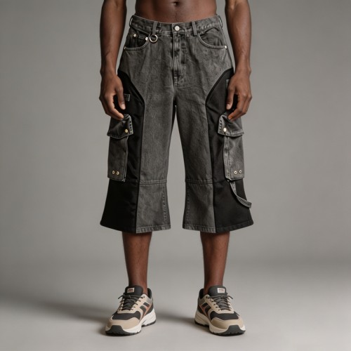 Acid Washed Flare Cargo Capri Pants | Multi Pocket Hardware Details | Clothing Manufacturer