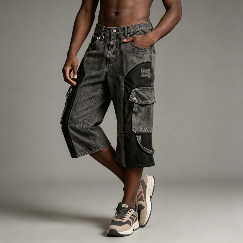 Acid Washed Flare Cargo Capri Pants