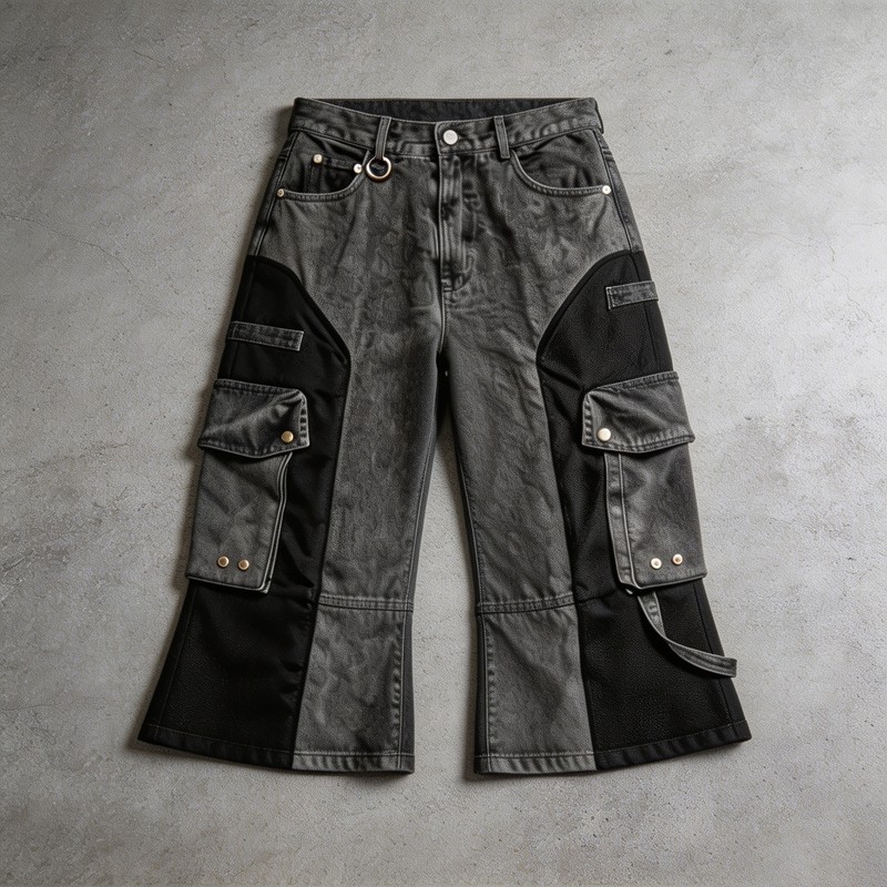 Acid Washed Flare Cargo Capri Pants