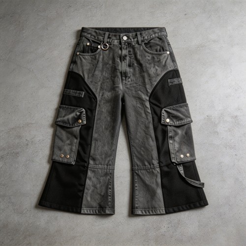 Acid Washed Flare Cargo Capri Pants | Multi Pocket Hardware Details | Clothing Manufacturer