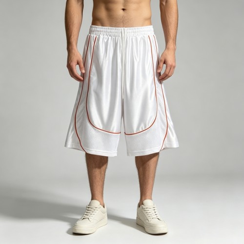 Piped Mesh Panel Basketball Capri Pants | 100% Polyester Satin Drawstring Elastic Waist | Clothing Manufacturer