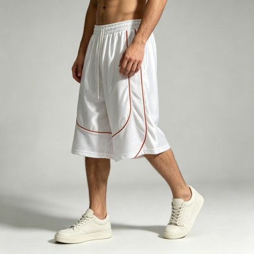 Piped Mesh Panel Basketball Capri Pants | 100% Polyester Satin Drawstring Elastic Waist | Clothing Manufacturer