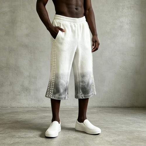 Pearl Beaded Gradient Flare Capri Pants | Elastic Waist | Urban Street Daily Wear | Custom Streetwear