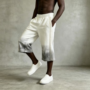 Pearl Beaded Gradient Flare Capri Pants | Elastic Waist | Urban Street Daily Wear | Custom Streetwear