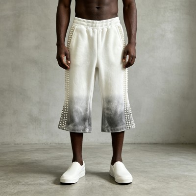 Pearl Beaded Gradient Flare Capri Pants | Elastic Waist | Urban Street Daily Wear | Custom Streetwear