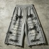 DTG Print Distressed Capri Pants | Raw Edge | Elastic Drawstring Waist Chain Side | Clothing Manufacturer