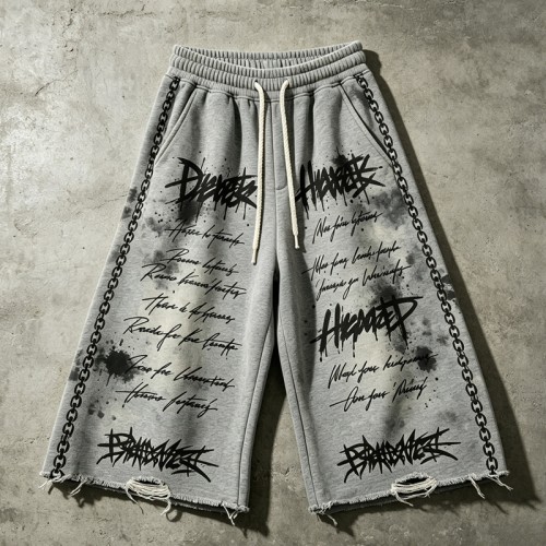 DTG Print Distressed Capri Pants | Raw Edge | Elastic Drawstring Waist Chain Side | Clothing Manufacturer
