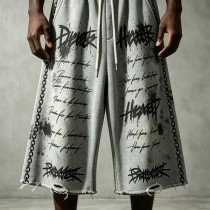 DTG Print Distressed Capri Pants | Raw Edge | Elastic Drawstring Waist Chain Side | Clothing Manufacturer