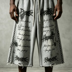 DTG Print Distressed Capri Pants | Raw Edge | Elastic Drawstring Waist Chain Side | Clothing Manufacturer