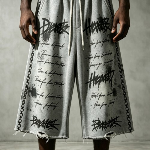 DTG Print Distressed Capri Pants | Raw Edge | Elastic Drawstring Waist Chain Side | Clothing Manufacturer