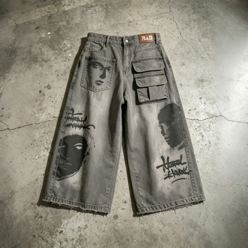 DTG Print Spray Dye Washed Cargo Capri Jeans | Vintage Distressed Raw Edge | Streetwear Manufacturer