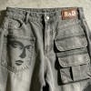 DTG Print Spray Dye Washed Cargo Capri Jeans | Vintage Distressed Raw Edge | Streetwear Manufacturer