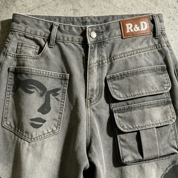 DTG Print Spray Dye Washed Cargo Capri Jeans | Vintage Distressed Raw Edge | Streetwear Manufacturer