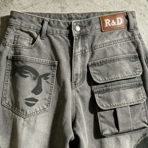 DTG Print Spray Dye Washed Cargo Capri Jeans | Vintage Distressed Raw Edge | Streetwear Manufacturer