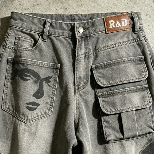 DTG Print Spray Dye Washed Cargo Capri Jeans | Vintage Distressed Raw Edge | Streetwear Manufacturer