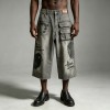 DTG Print Spray Dye Washed Cargo Capri Jeans | Vintage Distressed Raw Edge | Streetwear Manufacturer
