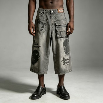 DTG Print Spray Dye Washed Cargo Capri Jeans | Vintage Distressed Raw Edge | Streetwear Manufacturer
