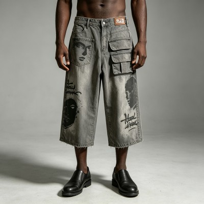 DTG Print Spray Dye Washed Cargo Capri Jeans | Vintage Distressed Raw Edge | Streetwear Manufacturer