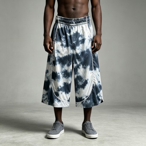Tie Dye Curved Piping Cropped Capri Pants | 100% Polyester Elastic Waist | OEM Streetwear