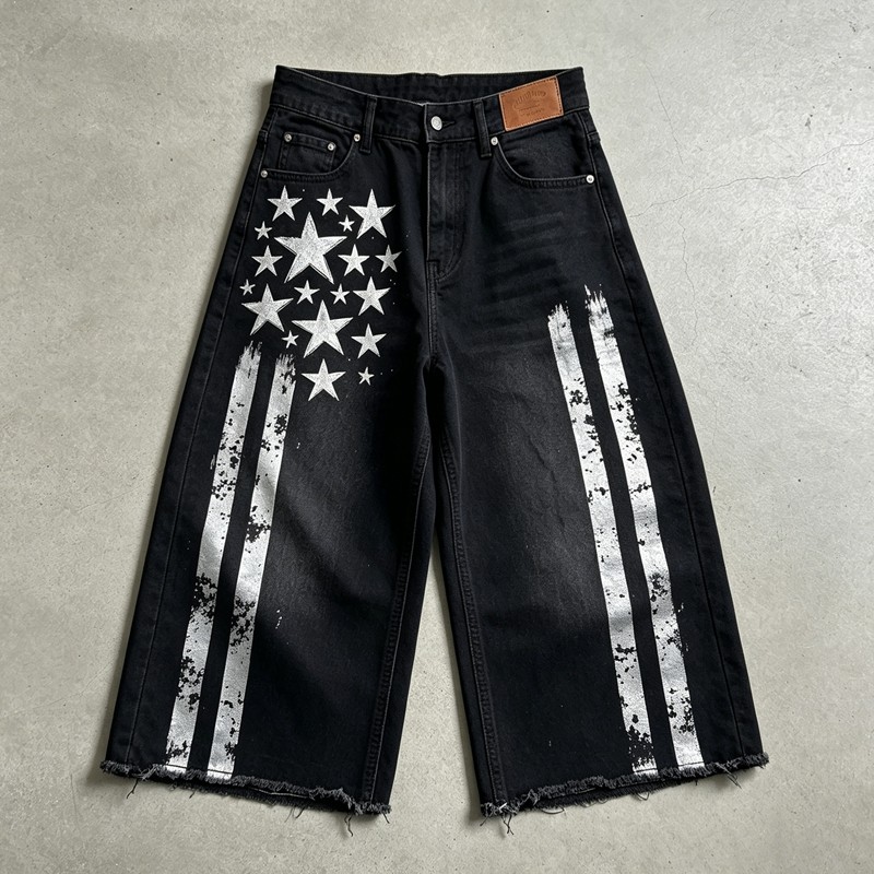 Men's Rubber Print Star Stripe Flare Denim Capri Pants