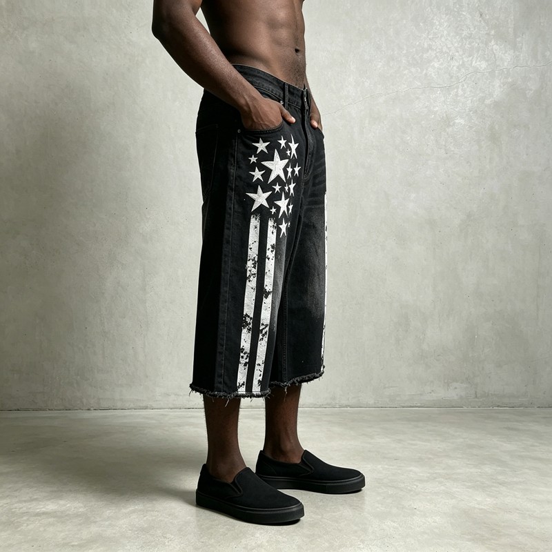 Men's Rubber Print Star Stripe Flare Denim Capri Pants