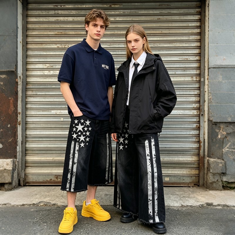 Men's Rubber Print Star Stripe Flare Denim Capri Pants
