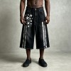 Men's Rubber Print Star Stripe Flare Denim Capri Pants | Raw Frayed High Waist Button Fly | Streetwear Manufacturer