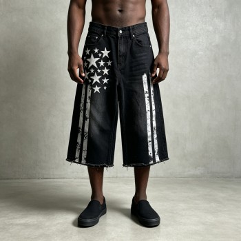 Men's Rubber Print Star Stripe Flare Denim Capri Pants | Raw Frayed High Waist Button Fly | Streetwear Manufacturer