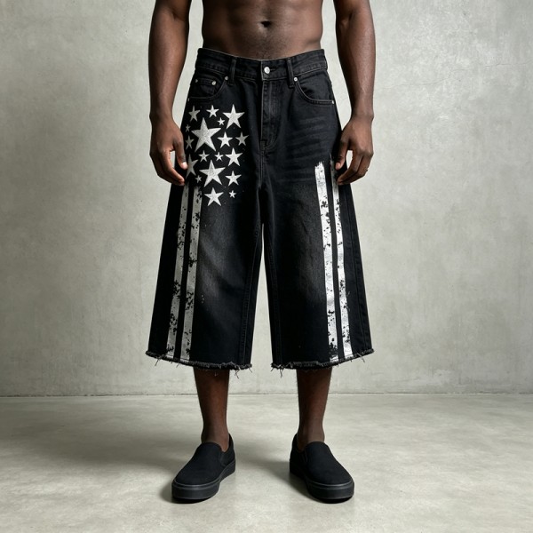 Men's Rubber Print Star Stripe Flare Denim Capri Pants | Raw Frayed High Waist Button Fly | Streetwear Manufacturer