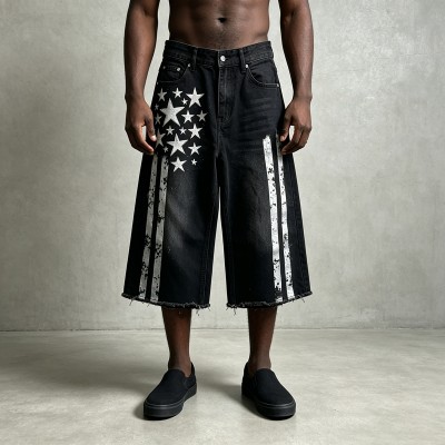 Men's Rubber Print Star Stripe Flare Denim Capri Pants | Raw Frayed High Waist Button Fly | Streetwear Manufacturer