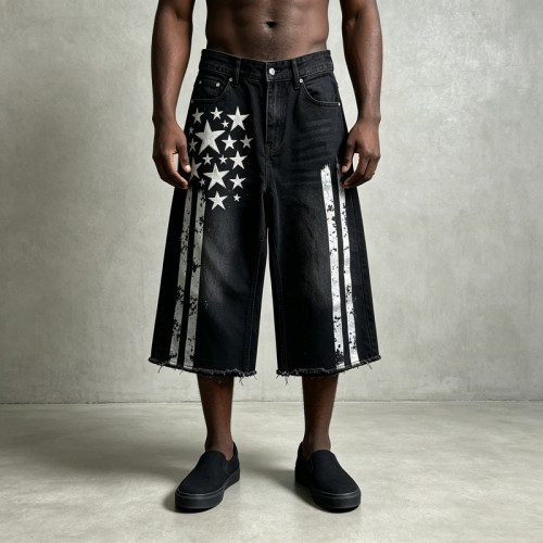 Men's Rubber Print Star Stripe Flare Denim Capri Pants | Raw Frayed High Waist Button Fly | Streetwear Manufacturer