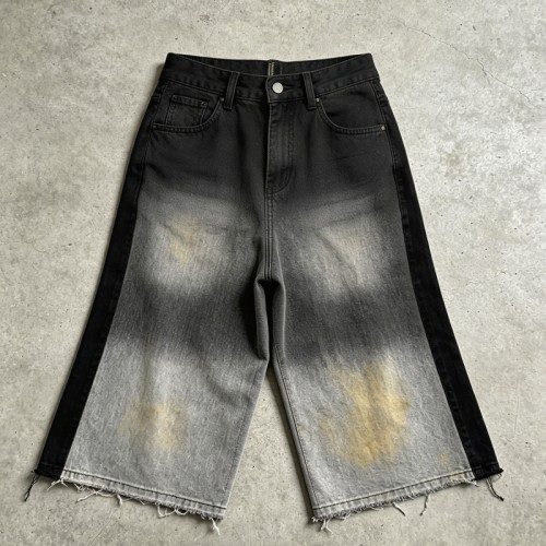 Spray Dye Denim Capri Pants | Raw Edge High Waist Button Fly | Clothing Manufacturer