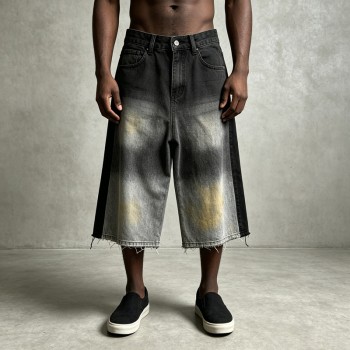 Spray Dye Denim Capri Pants | Raw Edge High Waist Button Fly | Clothing Manufacturer