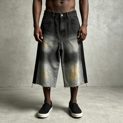 Spray Dye Denim Capri Pants | Raw Edge High Waist Button Fly | Clothing Manufacturer