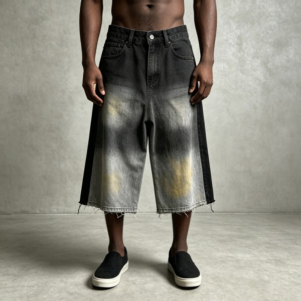 Spray Dye Denim Capri Pants | Raw Edge High Waist Button Fly | Clothing Manufacturer