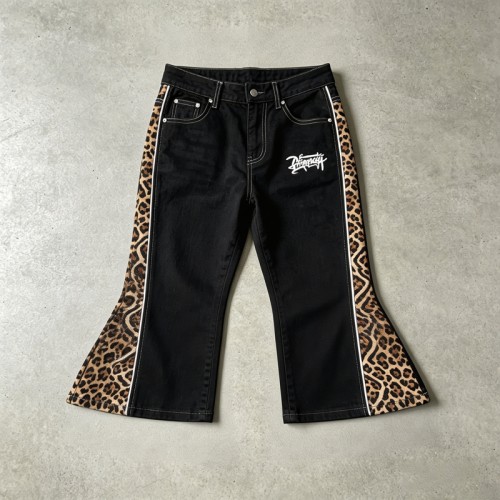 Embroidered Flare Capri Jeans | Leopard Side Panel | Black Denim High Waist Button Fly | Custom Streetwear