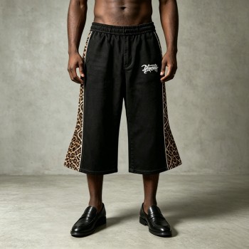 Embroidered Flare Capri Jeans | Leopard Side Panel | Black Denim High Waist Button Fly | Custom Streetwear