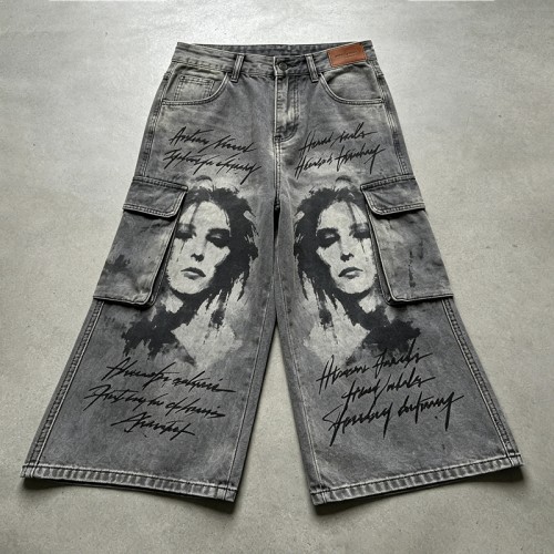 Spray Dye DTG Print Acid Washed Cargo Capri Jeans | Loose Wide Leg Multi Pocket High Waist | Streetwear Manufacturer