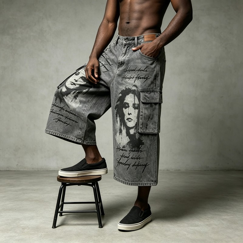 Spray Dye DTG Print Acid Washed Cargo Capri Jeans