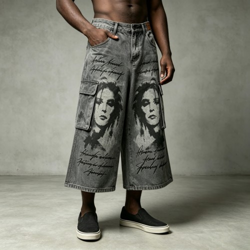 Spray Dye DTG Print Acid Washed Cargo Capri Jeans | Loose Wide Leg Multi Pocket High Waist | Streetwear Manufacturer