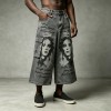 Spray Dye DTG Print Acid Washed Cargo Capri Jeans | Loose Wide Leg Multi Pocket High Waist | Streetwear Manufacturer