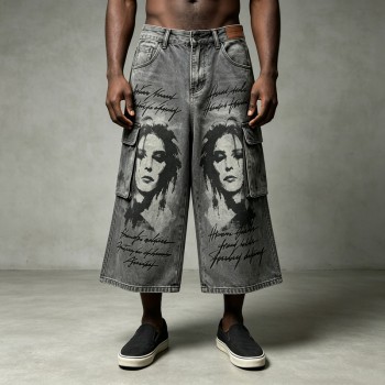 Spray Dye DTG Print Acid Washed Cargo Capri Jeans | Loose Wide Leg Multi Pocket High Waist | Streetwear Manufacturer