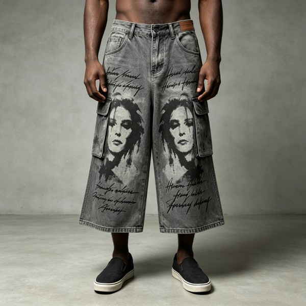 Spray Dye DTG Print Acid Washed Cargo Capri Jeans | Loose Wide Leg Multi Pocket High Waist | Streetwear Manufacturer