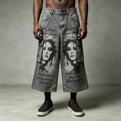 Spray Dye DTG Print Acid Washed Cargo Capri Jeans | Loose Wide Leg Multi Pocket High Waist | Streetwear Manufacturer