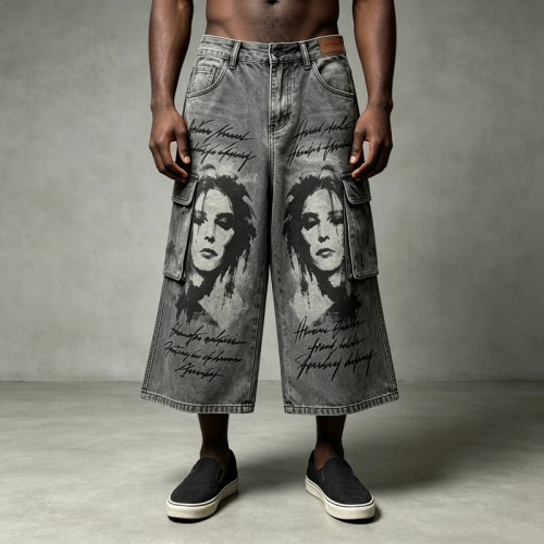 Spray Dye DTG Print Acid Washed Cargo Capri Jeans | Loose Wide Leg Multi Pocket High Waist | Streetwear Manufacturer
